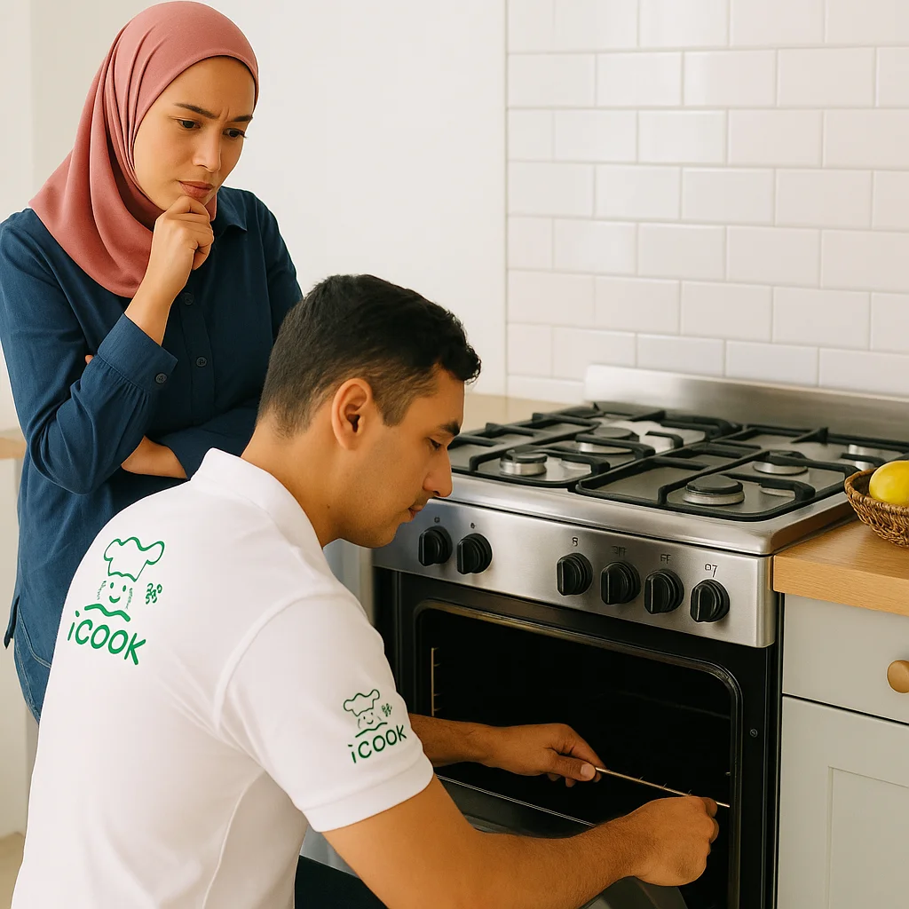 فني صيانة بوتاجازات اي كوك يقوم بتصليح بوتاجاز اي كوك في منزل العميلة